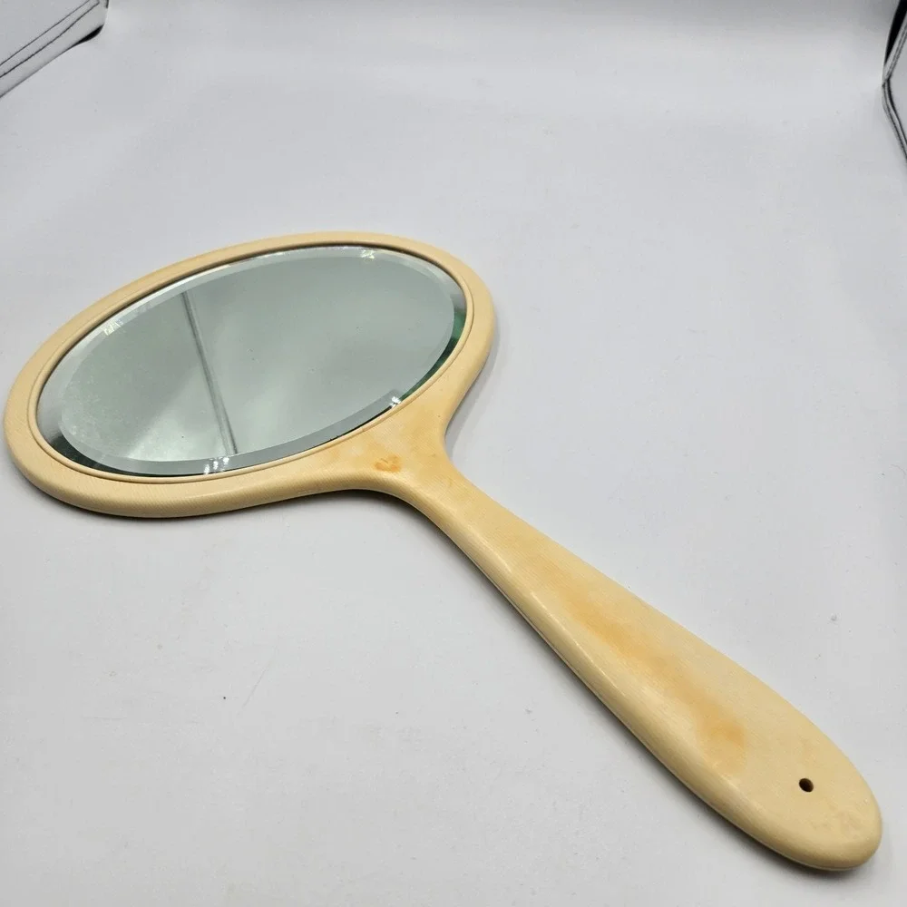 Antique French Ivory Celluloid‎ Hand Mirror Beveled Glass Vanity Art Deco 1920s